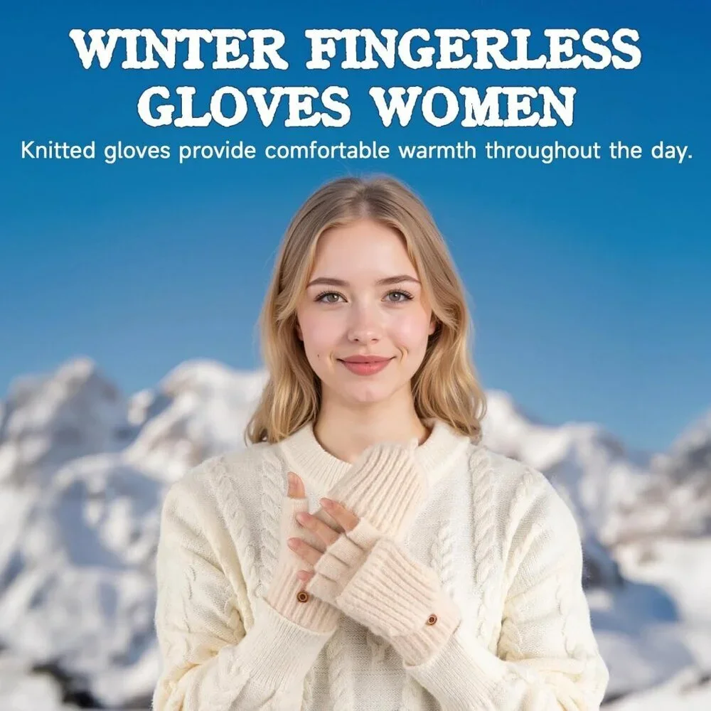 Women's Winter Warm Mittens Knitted Beige Gloves Fingerless Button Closure